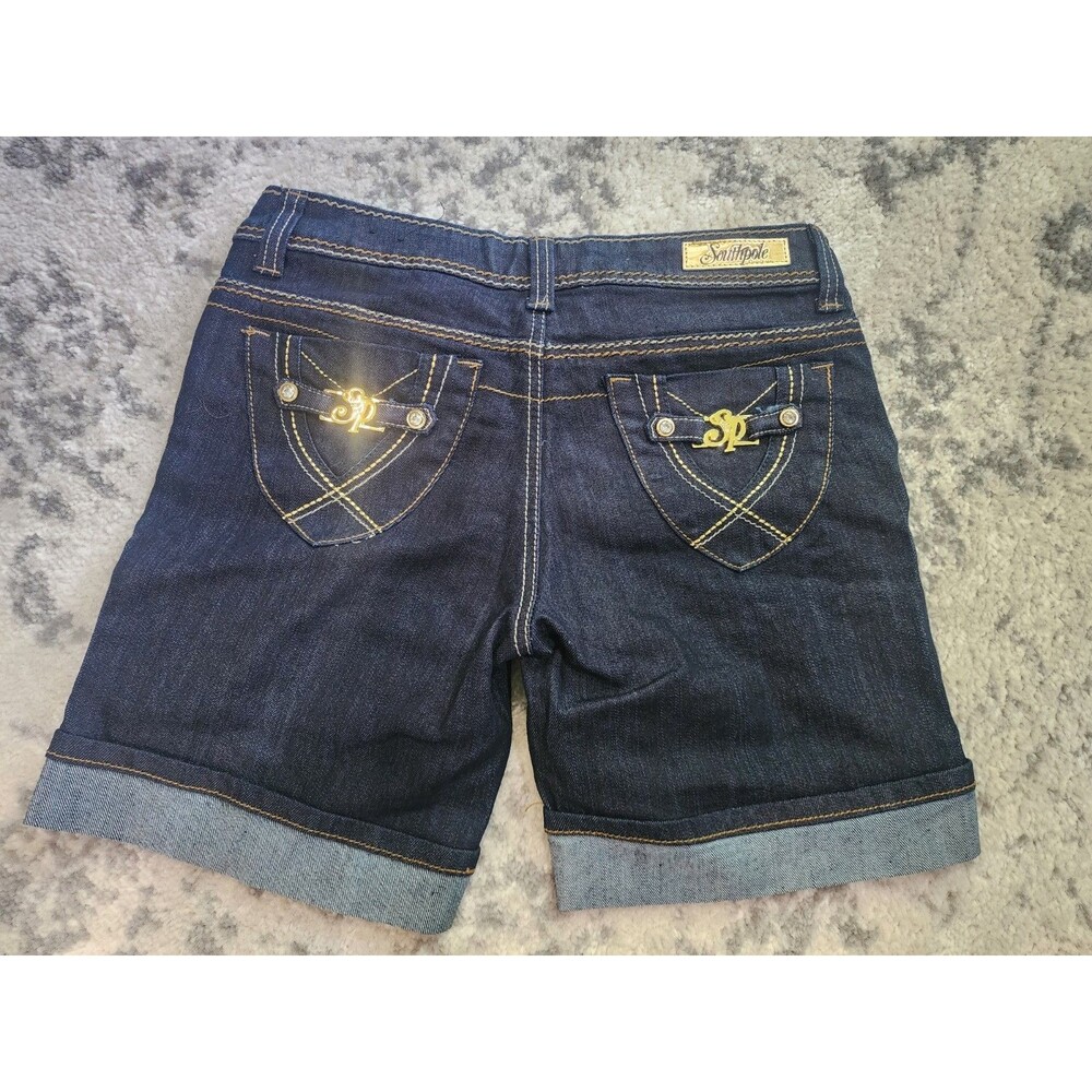 SOUTHPOLE Jean Shorts Womens Dark Blue Wash Hip Hop Y2K Embroidered Size 9 - Picture 7 of 9